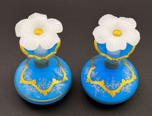 A Pair of Antique Baccarat Blue Opaline GlassPerfume Bottles with Flowers Stoppers