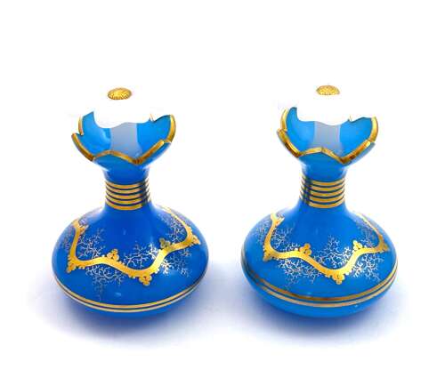 A Pair of Antique Baccarat Blue Opaline GlassPerfume Bottles with Flowers Stoppers