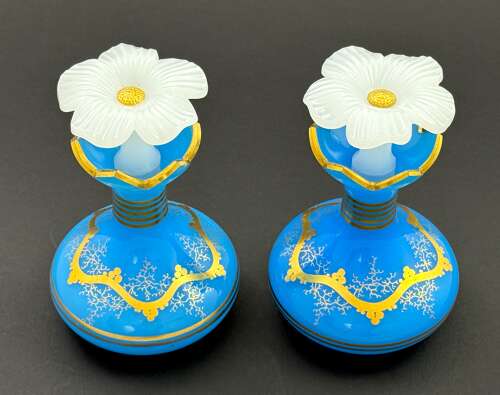 A Pair of Antique Baccarat Blue Opaline GlassPerfume Bottles with Flowers Stoppers