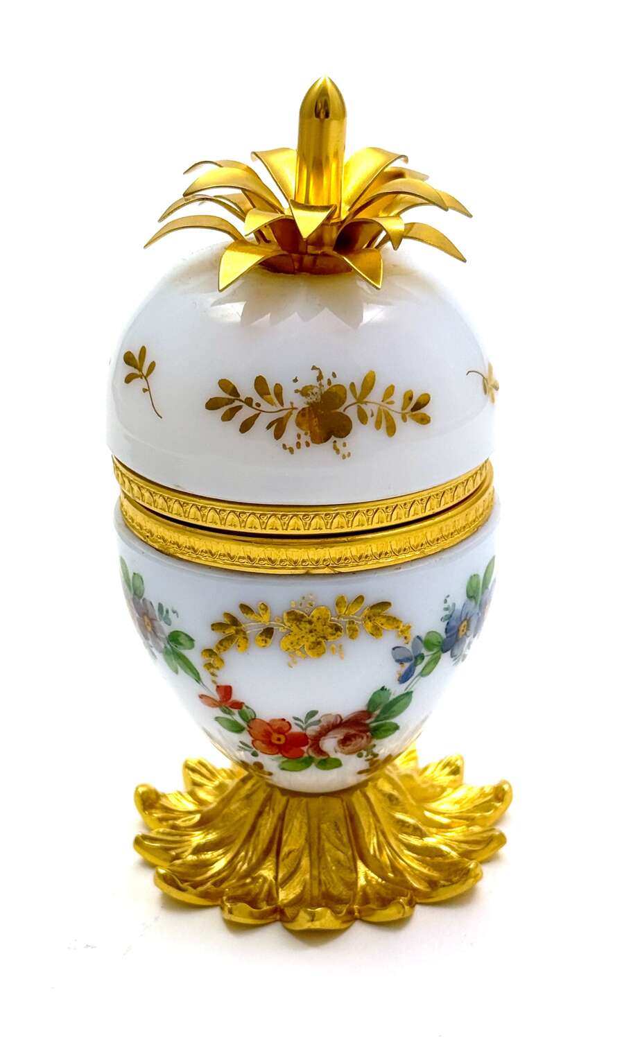 A Pretty French Bulle De Savon Opaline Egg Shaped Box Decorated with Delicate Flowers