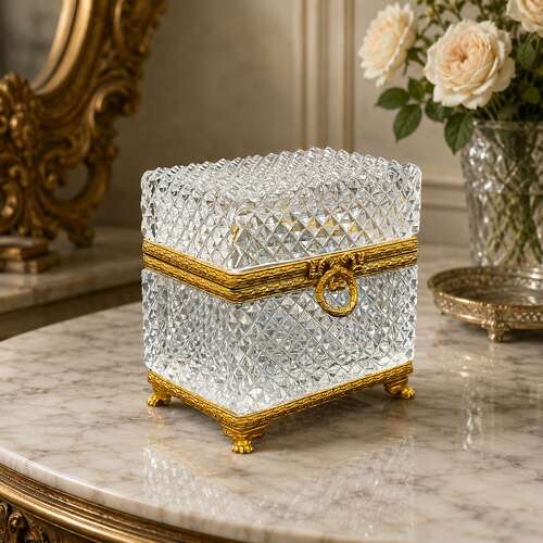 Antique French Diamond Cut Crystal Casket with Dore Bronze Winged Feet.