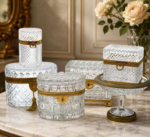 Antique French Diamond Cut Crystal Casket with Dore Bronze Winged Feet.