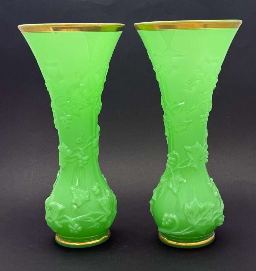 A Pair of Antique Baccarat Green Opaline&nbsp;Vases Known as&ldquo; Vase &agrave; Guirlande de Lierre&rdquo;