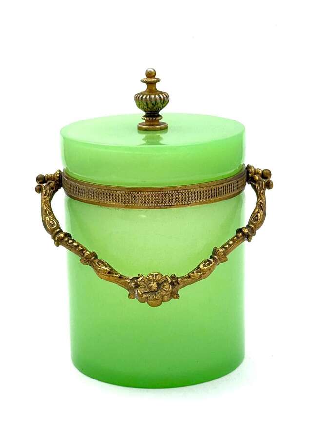 Antique Green&nbsp;Opaline Glass Casket Ice Bucket with Dore Bronze Mounts and Handle.