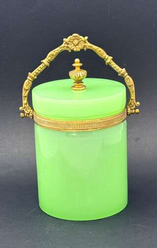 Antique Green Opaline Glass Casket Ice Bucket with Dore Bronze Mounts and Handle.