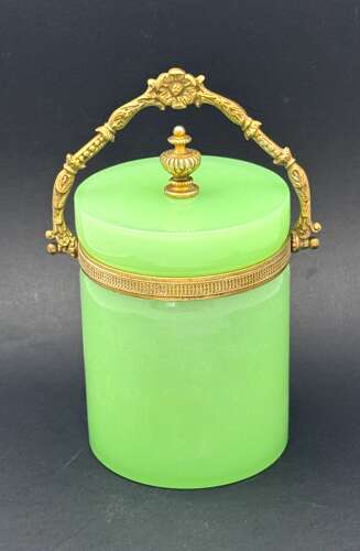 Antique Green Opaline Glass Casket Ice Bucket with Dore Bronze Mounts and Handle.