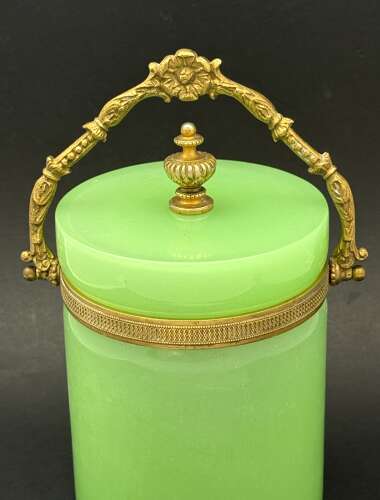 Antique Green Opaline Glass Casket Ice Bucket with Dore Bronze Mounts and Handle.