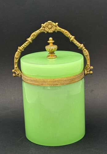 Antique Green Opaline Glass Casket Ice Bucket with Dore Bronze Mounts and Handle.