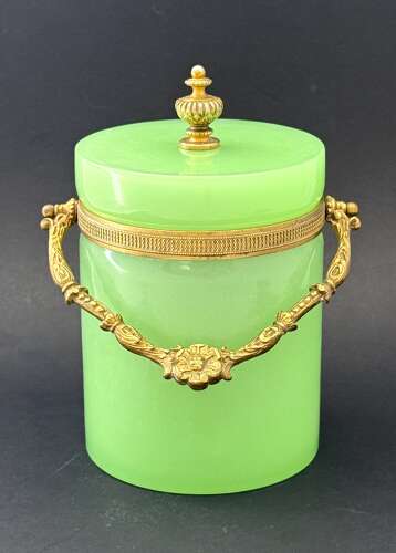 Antique Green Opaline Glass Casket Ice Bucket with Dore Bronze Mounts and Handle.