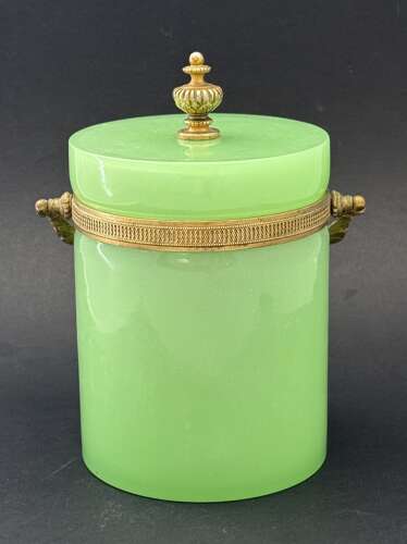 Antique Green Opaline Glass Casket Ice Bucket with Dore Bronze Mounts and Handle.