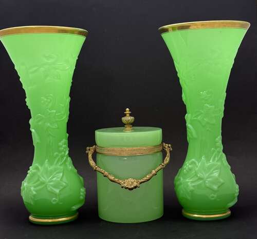 Antique Green Opaline Glass Casket Ice Bucket with Dore Bronze Mounts and Handle.