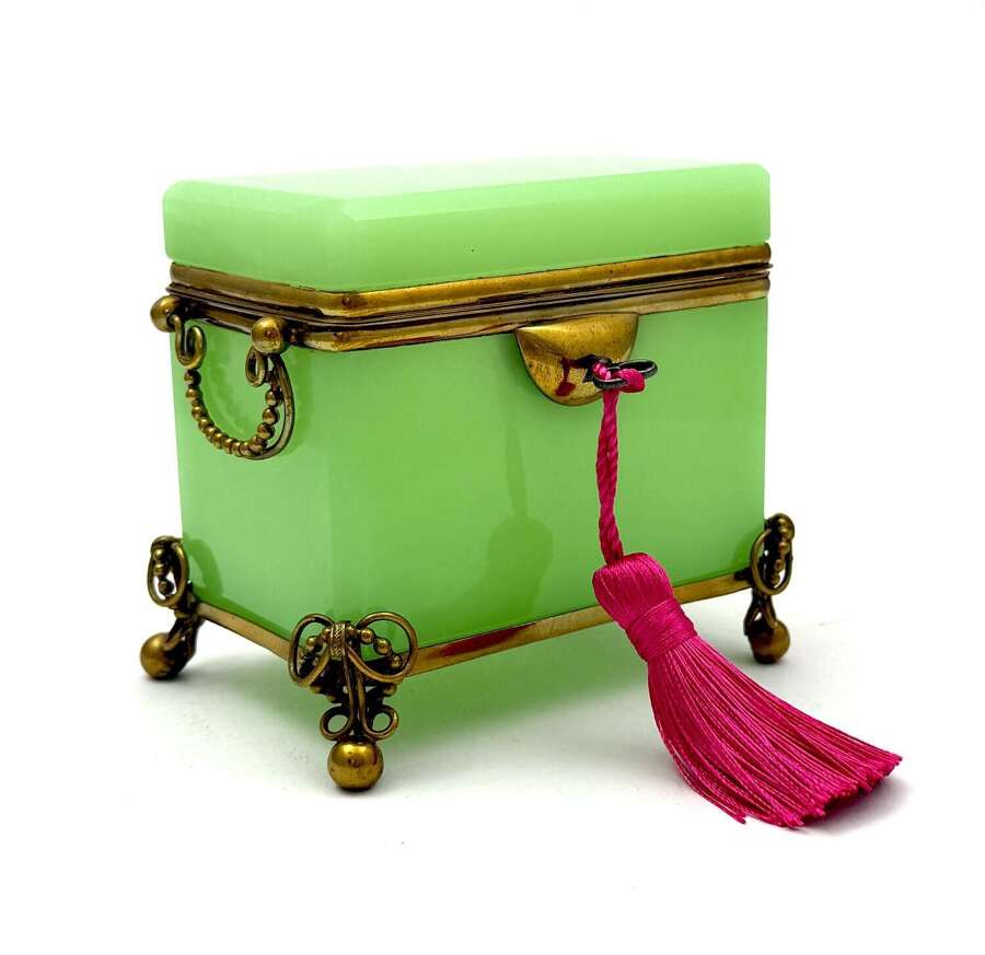 Antique French Green&nbsp;Opaline Uranium Glass Casket Elegantly Mounted in Fine Dore Bronze