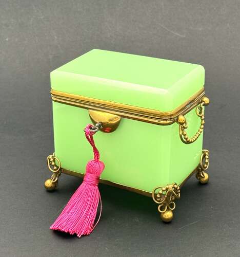 Antique French Green Opaline Uranium Glass Casket Elegantly Mounted in Fine Dore Bronze