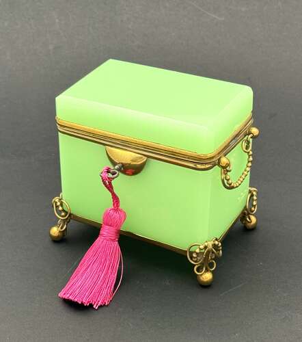 Antique French Green Opaline Uranium Glass Casket Elegantly Mounted in Fine Dore Bronze