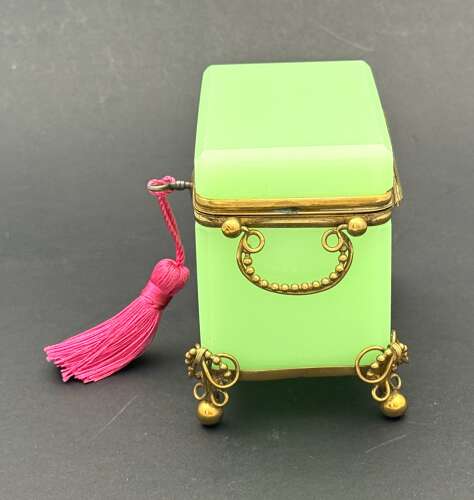 Antique French Green Opaline Uranium Glass Casket Elegantly Mounted in Fine Dore Bronze