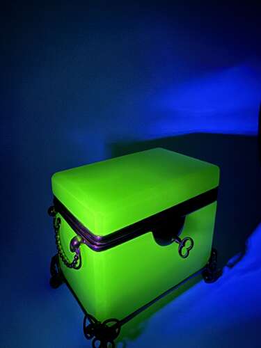 Antique French Green Opaline Uranium Glass Casket Elegantly Mounted in Fine Dore Bronze