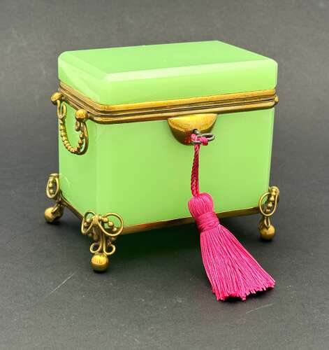 Antique French Green Opaline Uranium Glass Casket Elegantly Mounted in Fine Dore Bronze