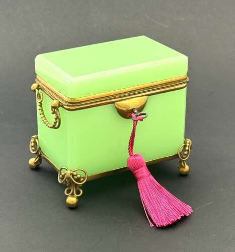 Antique French Green Opaline Uranium Glass Casket Elegantly Mounted in Fine Dore Bronze