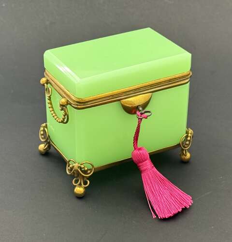 Antique French Green Opaline Uranium Glass Casket Elegantly Mounted in Fine Dore Bronze
