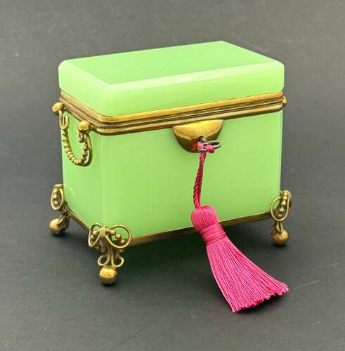 Antique French Green Opaline Uranium Glass Casket Elegantly Mounted in Fine Dore Bronze