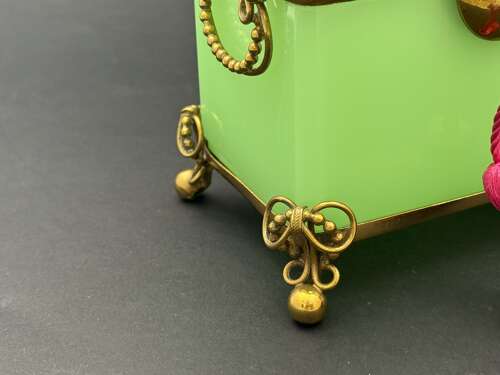 Antique French Green Opaline Uranium Glass Casket Elegantly Mounted in Fine Dore Bronze