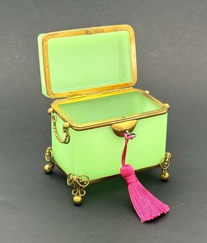 Antique French Green Opaline Uranium Glass Casket Elegantly Mounted in Fine Dore Bronze