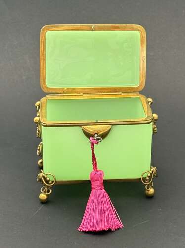 Antique French Green Opaline Uranium Glass Casket Elegantly Mounted in Fine Dore Bronze