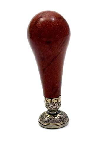 A Fine Antique Aventurine Seal with an Ornate Engraved Silver Seal Base