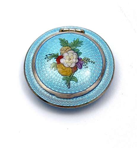 A Fine Antique Silver Compact Centred with a Hand-Painted Floral Bouquet.