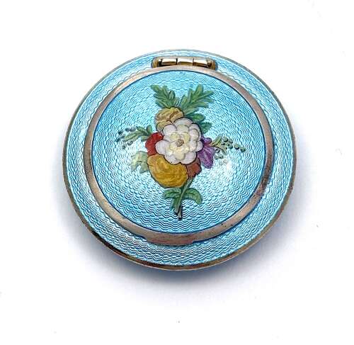A Fine Antique Silver Compact Centred with a Hand-Painted Floral Bouquet.