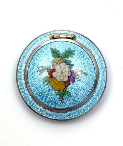 A Fine Antique Silver Compact Centred with a Hand-Painted Floral Bouquet.