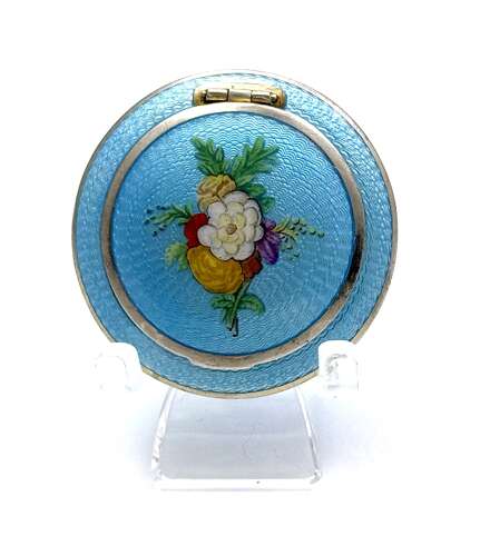 A Fine Antique Silver Compact Centred with a Hand-Painted Floral Bouquet.