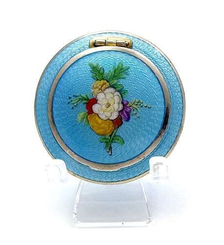 A Fine Antique Silver Compact Centred with a Hand-Painted Floral Bouquet.