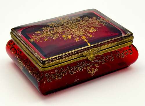 A Fine Antique Bohemian Ruby Red Glass 'Bombe' Jewellery Casket 