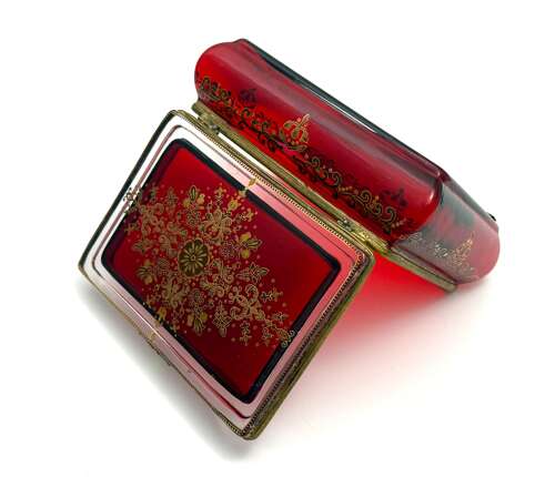 A Fine Antique Bohemian Ruby Red Glass 'Bombe' Jewellery Casket