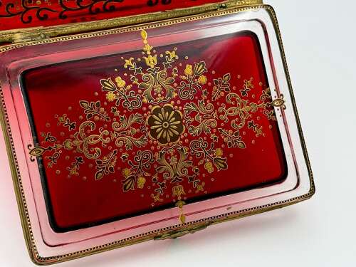 A Fine Antique Bohemian Ruby Red Glass 'Bombe' Jewellery Casket