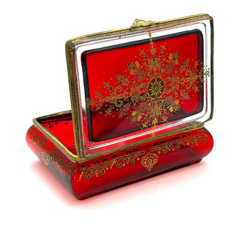 A Fine Antique Bohemian Ruby Red Glass 'Bombe' Jewellery Casket