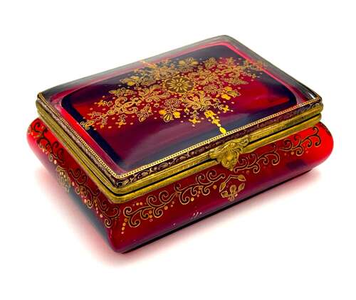 A Fine Antique Bohemian Ruby Red Glass 'Bombe' Jewellery Casket
