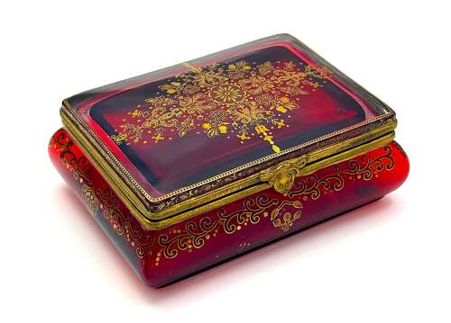 A Fine Antique Bohemian Ruby Red Glass 'Bombe' Jewellery Casket