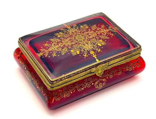 A Fine Antique Bohemian Ruby Red Glass 'Bombe' Jewellery Casket