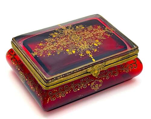 A Fine Antique Bohemian Ruby Red Glass 'Bombe' Jewellery Casket