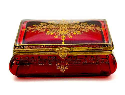 A Fine Antique Bohemian Ruby Red Glass 'Bombe' Jewellery Casket