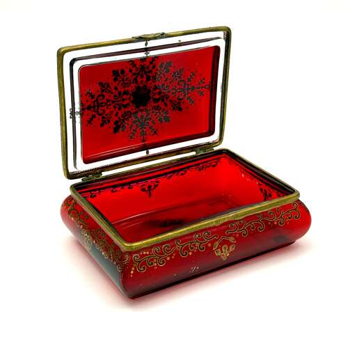 A Fine Antique Bohemian Ruby Red Glass 'Bombe' Jewellery Casket