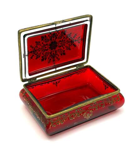 A Fine Antique Bohemian Ruby Red Glass 'Bombe' Jewellery Casket