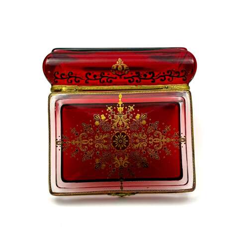A Fine Antique Bohemian Ruby Red Glass 'Bombe' Jewellery Casket