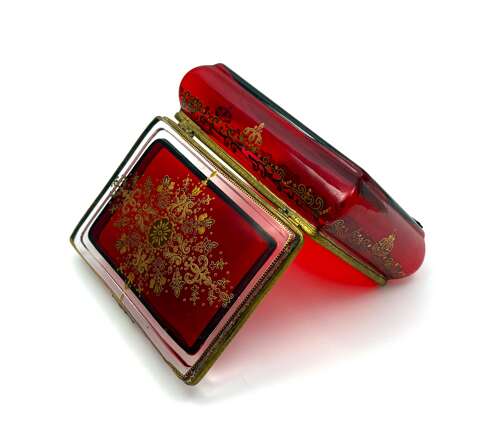 A Fine Antique Bohemian Ruby Red Glass 'Bombe' Jewellery Casket