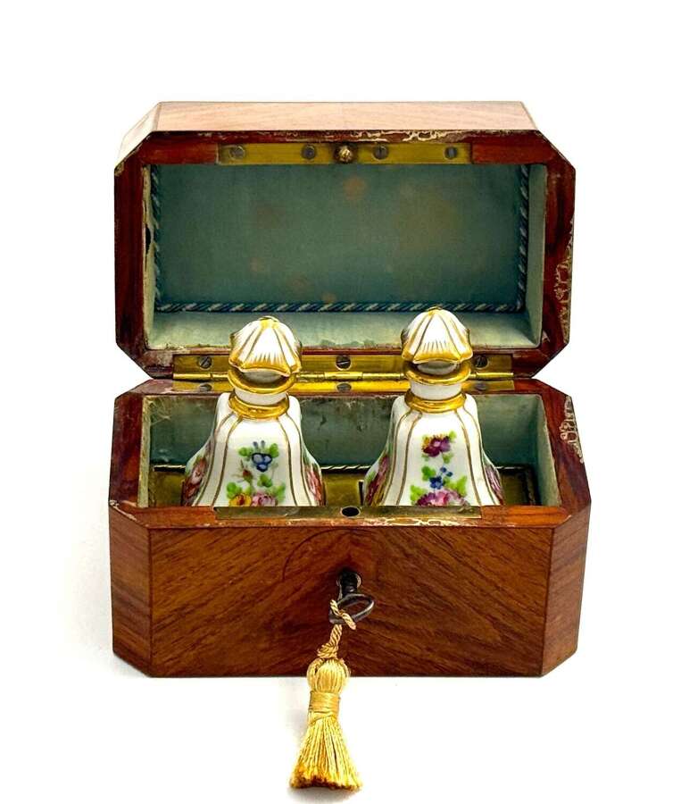A Fine Antique French Rosewood and Porcelain Perfume Casket