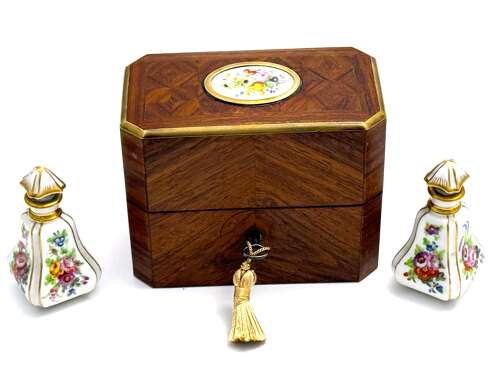 A Fine Antique French Rosewood and Porcelain Perfume Casket