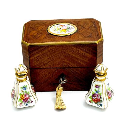 A Fine Antique French Rosewood and Porcelain Perfume Casket