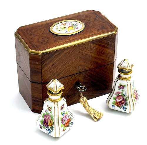 A Fine Antique French Rosewood and Porcelain Perfume Casket
